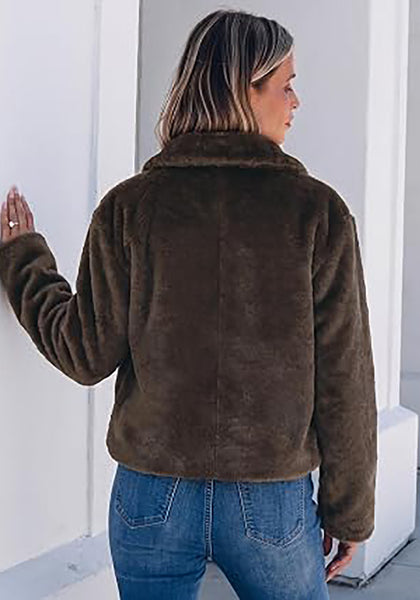 Brown Women's Cropped Fluffy Faux Fur Coat — Oversized Lapel Jacket with Button Down Closure & Warm Lining