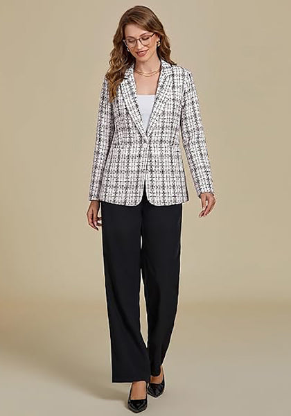 GRAPENT Women's Tweed Plaid Blazer | Notched Lapel, Fully Lined, Shoulder Pads, Single Button, 2 Pockets, Interview Office Business Casual
