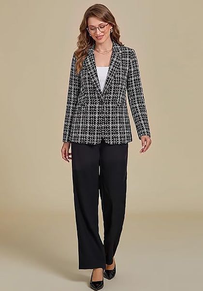 GRAPENT Women's Tweed Plaid Blazer | Notched Lapel, Fully Lined, Shoulder Pads, Single Button, 2 Pockets, Interview Office Business Casual
