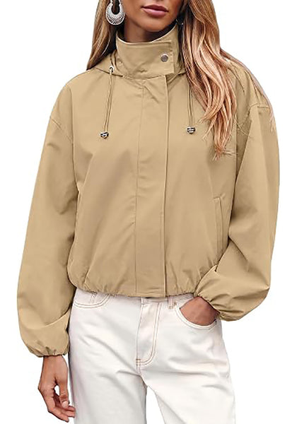 Beige Women's Trendy Funnel Neck Bomber Jacket — Oversized Cropped Zip Up Hooded Jacket with Stand Collar & Elastic Cuff Hem