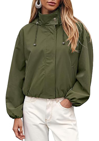 Army Green Women's Trendy Funnel Neck Bomber Jacket — Oversized Cropped Zip Up Hooded Jacket with Stand Collar & Elastic Cuff Hem