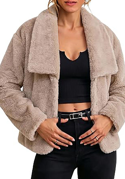 Khaki Wide Lapel Faux Fur Coat for Women — Oversized Dropped Shoulder Jacket with Side Pockets & Snap Buttons