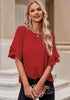 Red Trumpet Sleeves Keyhole-Back Blouse