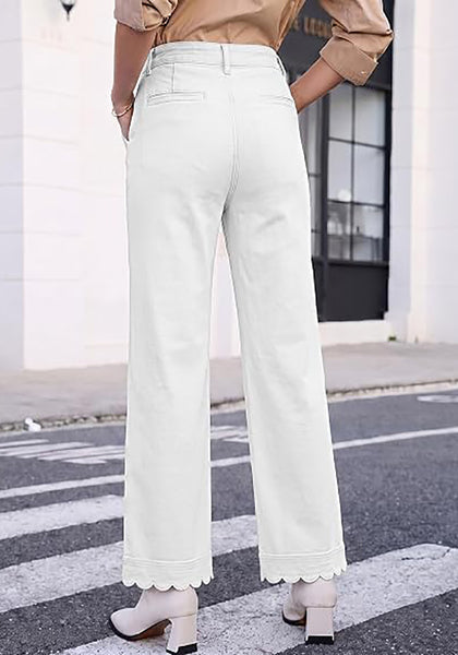 GRAPENT Women's High Waisted Scalloped Ankle Jeans | Stretchy Denim, Straight Wide Leg, 27.5" Inseam, Patched Pockets, Work Office Dressy Casual