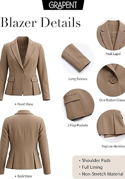 Sepia Tint Women's Peplum Suit Jacket Blazer, Tailored Fitted Long Sleeve with Built-in Shoulder Pads, Dressy Casual for Office, Business & Everyday Wear