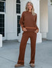 Brown Women Soft Long Sleeve Wide Leg Set Casual Sleep Lounge Wear