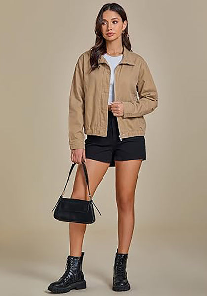 Khaki Women's Funnel Neck Denim Jacket — Oversized Zip Up Jean Jacket with Drop Shoulder, Elastic Hem & Side Slant Pockets