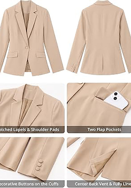 Light Khaki Women's Notched Lapel Blazer, Single Button Shoulder Pads Suit Jacket, Long Sleeve Business Casual Work Office Blazer with Pockets & Back Slit