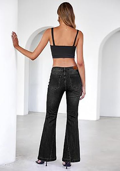 Washed Black Flare Jeans for Women Mid Rise Bootcut Denim Pants Distressed Stretchy Retro Y2K Washed Date Night Outfit Nashville Western Style