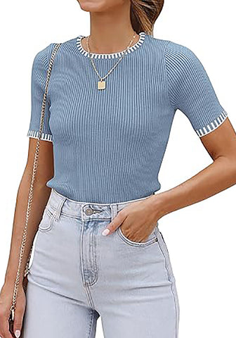 Gray Blue Women's Color Block Crewneck Knit Short Sleeve Stretch Summer Sweater Top