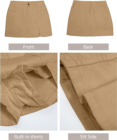 Khaki Women's Brief Denim High Waisted Skirt Split Hem Stretch