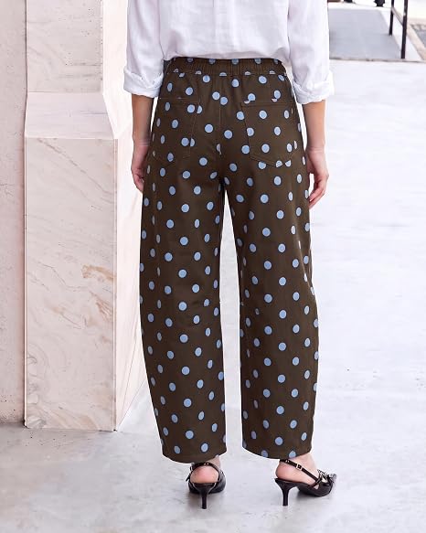 GRAPENT Women's High Rise Polka Dot Barrel Jeans | Stretch Denim, Elastic Drawstring Waist, 27" Inseam, Cropped, Dressy Casual Daily Wear