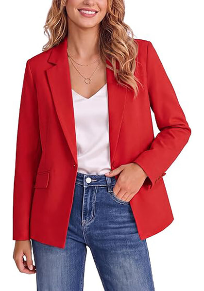 Red Women's Notched Lapel Blazer, Single Button Shoulder Pads Suit Jacket, Long Sleeve Business Casual Work Office Blazer with Pockets & Back Slit