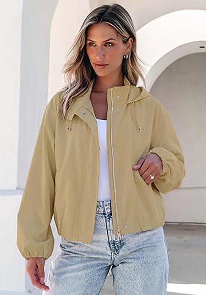 Khaki Women's Trendy Funnel Neck Bomber Jacket — Oversized Cropped Zip Up Hooded Jacket with Stand Collar & Elastic Cuff Hem