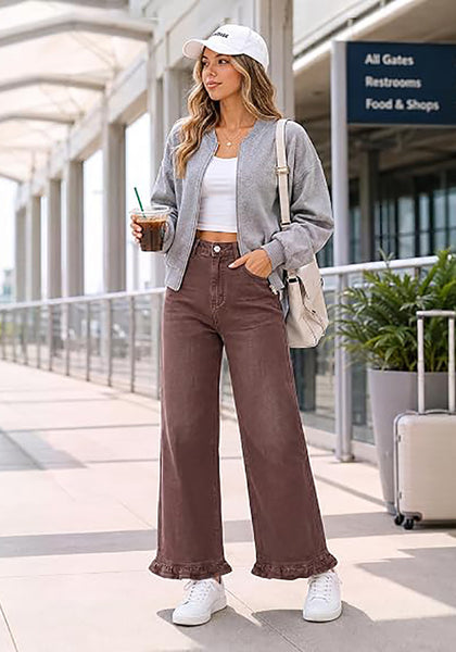 GRAPENT Women's High Waisted Ruffle Hem Wide Leg Jeans | Stretch Denim, 27.5" Inseam, Ankle Cropped, Baggy Fit, Weekend Casual