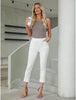 Cream White Women's High Waisted Elastic Slight Stretch Denim Pull On Cuffed Hem Capri Jeans Denim Pants