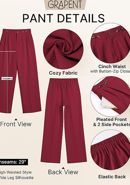 GRAPENT Women's High Waisted Wide Leg Work Pants | Elastic Back Waist, Front Pleated, Business Casual Office Outfits