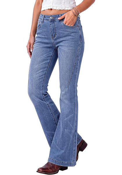 Medium Blue Flare Jeans for Women Mid Rise Bootcut Denim Pants Distressed Stretchy Retro Y2K Washed Date Night Outfit Nashville Western Style