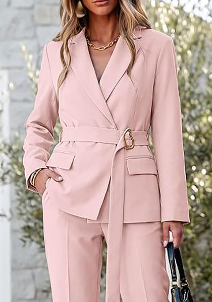 Peach Blush Women's 2 Piece Blazer Pants Suit, Business Casual Long Sleeve Belted Double Breasted Blazer & Elastic High Waisted Flared Pants Set, Dressy Office Work Outfits