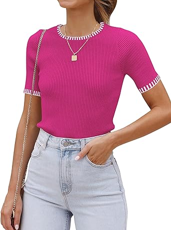 Hot Pink Women's Color Block Crewneck Knit Short Sleeve Stretch Summer Sweater Top