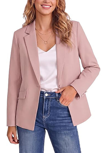 Pink Women's Notched Lapel Blazer, Single Button Shoulder Pads Suit Jacket, Long Sleeve Business Casual Work Office Blazer with Pockets & Back Slit