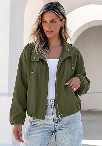 Army Green Women's Trendy Funnel Neck Bomber Jacket — Oversized Cropped Zip Up Hooded Jacket with Stand Collar & Elastic Cuff Hem