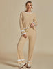 Almond Buff Women Soft Long Sleeve Wide Leg Set Casual Sleep Lounge Wear