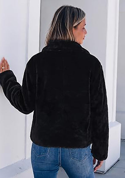 Black Women's Cropped Fluffy Faux Fur Coat — Oversized Lapel Jacket with Button Down Closure & Warm Lining
