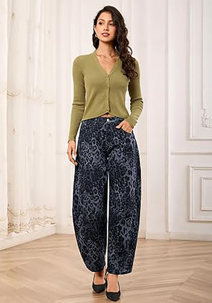 Gray Leopard Women's Trendy Leopard Barrel Jeans — High Waisted Baggy Wide Leg Stretchy Denim Pants with Front Seam & Ankle Length