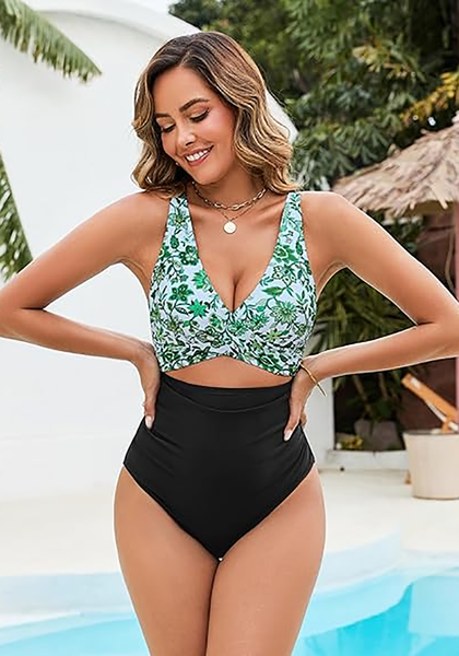 LookbookStore Women's Black Green FloralV Neck Block One Piece Swimsuit with Cut Out & Ruched High Waist