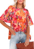 Orange Pink Floral Women's Casual Floral Print Short Sleeve Flowy Babydoll Tops
