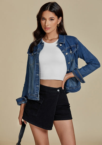 Women's Basic Long Sleeves Button Down Fitted Denim Jean Jackets