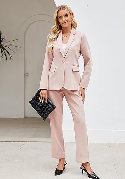 Peach Blush Women's Blazer Set Business Casual Full Fit Blazer Jackets and Straight Pant Suits with Pockets
