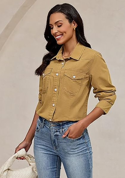 LookbookStore Women's Almond Brown Long Sleeve Button Down Denim Shirt Relaxed Fit Chambray Western Style Casual Collared Jean Top