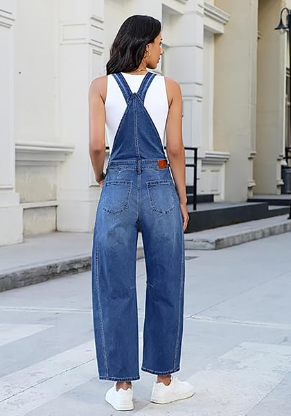 LookbookStore Women's Classic Blue Denim Overalls Baggy Barrel Leg Stretchy Bib Jumpsuit Adjustable Straps Casual Fit