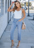 2024 Women's Casual Blue Mist Denim High Waisted Slim Fit Jeans Capri Pants With Pockets
