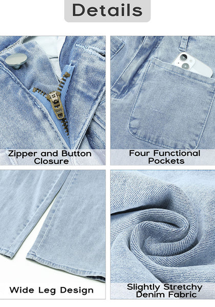 Vintage Light Wash Women's High Waist Denim Wide Legs Jeans Pants With Front pockets