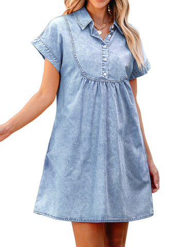 Roadknight Blue Women's Short Sleeves Loose Denim Pull On Babydoll Short Dress