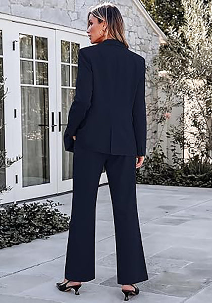 Navy Blue Women's 2 Piece Pant Suits, Business Casual Buttoned Blazer and High Waisted Bootcut Pants Set, 29" Inseam Professional Office Fall Teacher Outfits