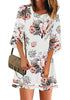 Floral Pirnt Brilliant White Women Casual Crewneck Mesh Panel 3/4 Bell Sleeve Loose Tunic Dress