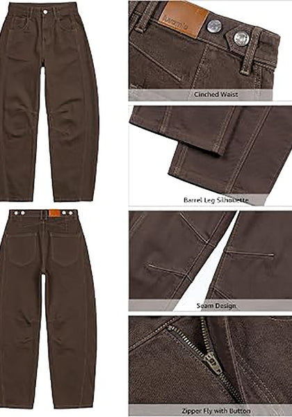 Dark Brown Women's Trendy Barrel Jeans — High Waisted Baggy Wide Leg Denim Pants with Cinched Waist, Front Seam & Ankle Length