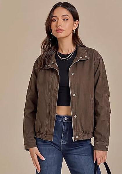 Chocolate Brown Women's Funnel Neck Denim Jacket — Oversized Zip Up Jean Jacket with Drop Shoulder, Elastic Hem & Side Slant Pockets