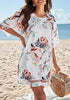 Floral Pirnt Brilliant White Women Casual Crewneck Mesh Panel 3/4 Bell Sleeve Loose Tunic Dress