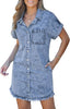 Lakeside Blue - Acid Wash Women's Denim Jean Dress Button Down Frayed Hem Jean Short Dresses With Pockets