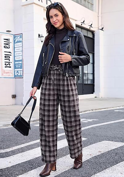 GRAPENT Women's High Waisted Plaid Barrel Pants | Tapered Wide Leg, Elastic Drawstring Waist, Front Pockets, Work Office Casual Fall Outfits