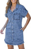 Reef Blue - Acid Wash Women's Denim Jean Dress Button Down Frayed Hem Jean Short Dresses With Pockets
