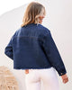 Nightfall Blue Women's Denim Collared Jacket With Flap Pocket Button UP Raw Hem Detail Long Sleeve Jean Jackets