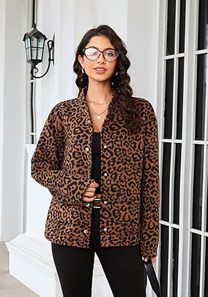 Brown Leopard Women's Leopard Print Bomber Jacket — Oversized Brushed Wool Blend Cheetah Jacket with Stand Collar, Snap Buttons & Elastic Hem