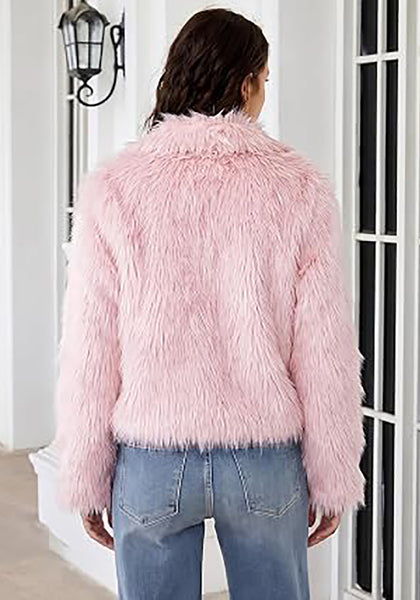 Pink Women's Solid Color Shaggy Faux Fur Jacket — Cropped Long Pile Coat with Lapel Collar, Hook Closure & Drop Shoulder
