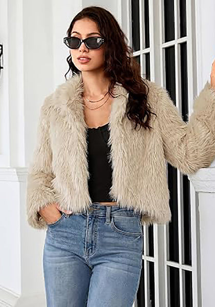 Apricot Women's Solid Color Shaggy Faux Fur Jacket — Cropped Long Pile Coat with Lapel Collar, Hook Closure & Drop Shoulder